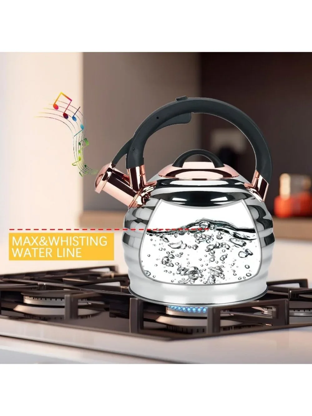Gold Kitchen Whistling Teakettle 3.2Q Stainless Steel Stovetop Heat Proof Handle